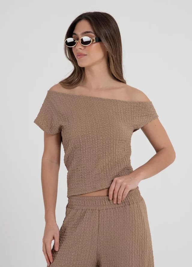 Top manga caida bambula texturizada